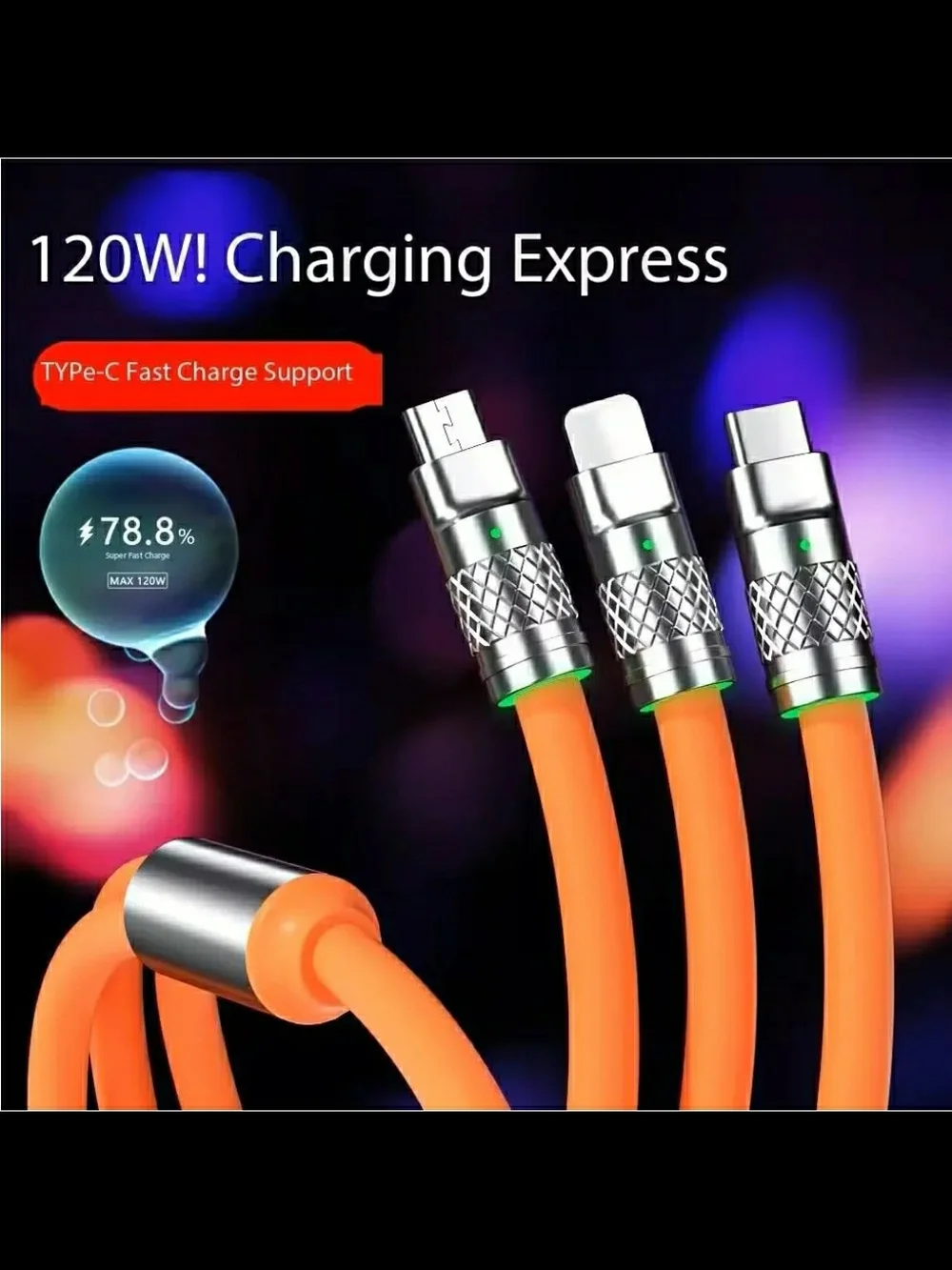 Orange Fast Charging USB Cable Trio 120W
